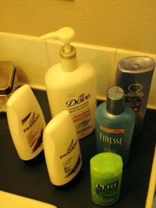 Half-full bottles of conditioner